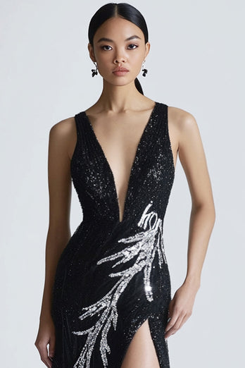 Glitzer Schwarz Etui V-Ausschnitt Pailletten Langes Abendkleid mit Schlitz