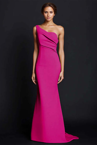 Elegantes Fuchsia Eine Schulter Satin Langes Abendkleid