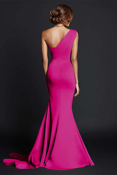 Elegantes Fuchsia Eine Schulter Satin Langes Abendkleid