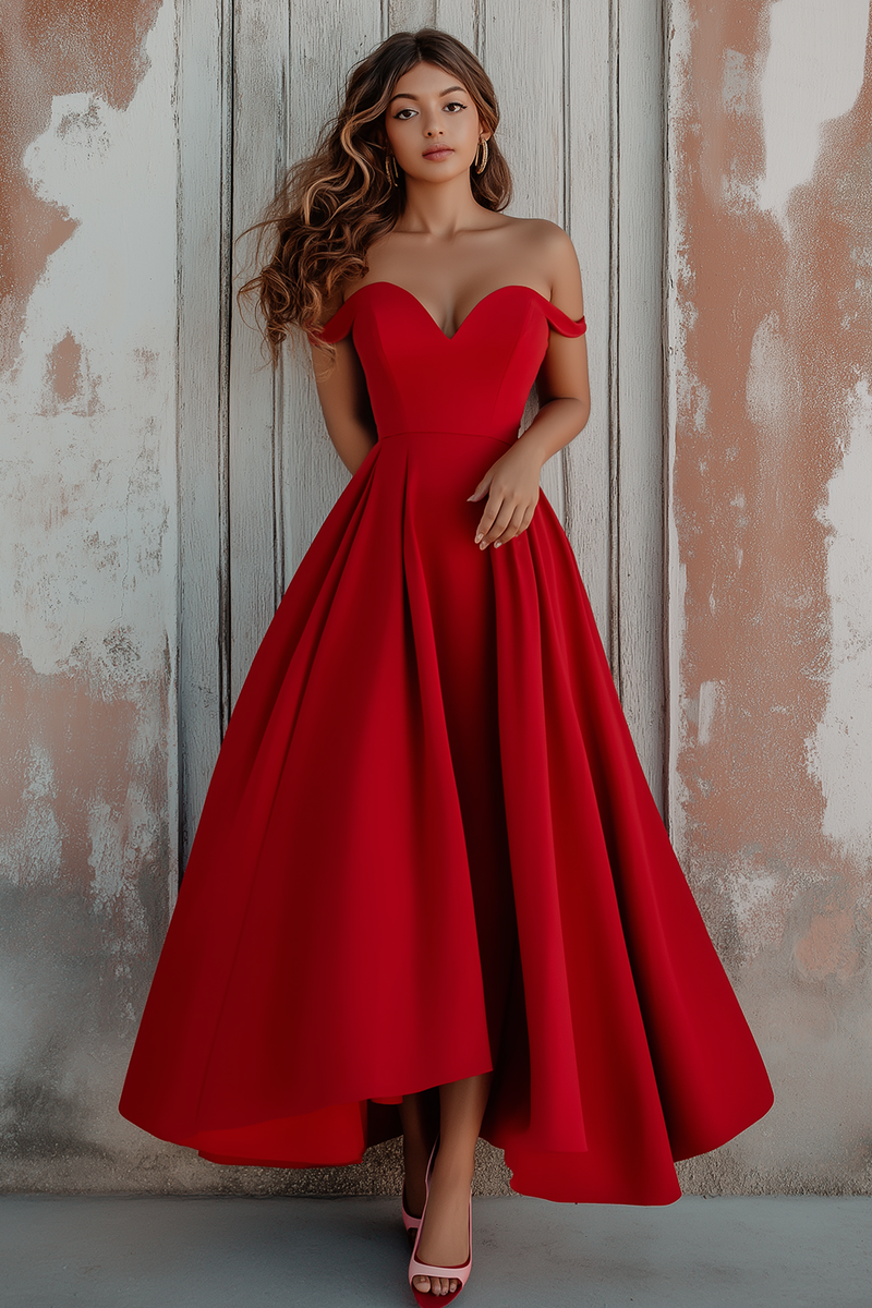 Laden Sie das Bild in den Galerie-Viewer, Rote Satin Schulterfreie Asymmetrisch Langes Abendkleid