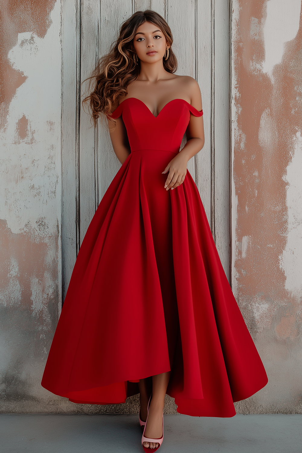 Rote Satin Schulterfreie Asymmetrisch Langes Abendkleid