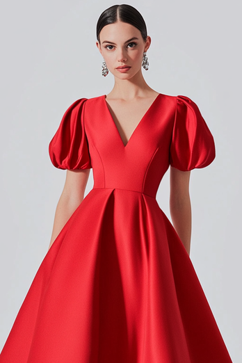 Rote V-Ausschnitt Puffärmel Satin Langes Abendkleid