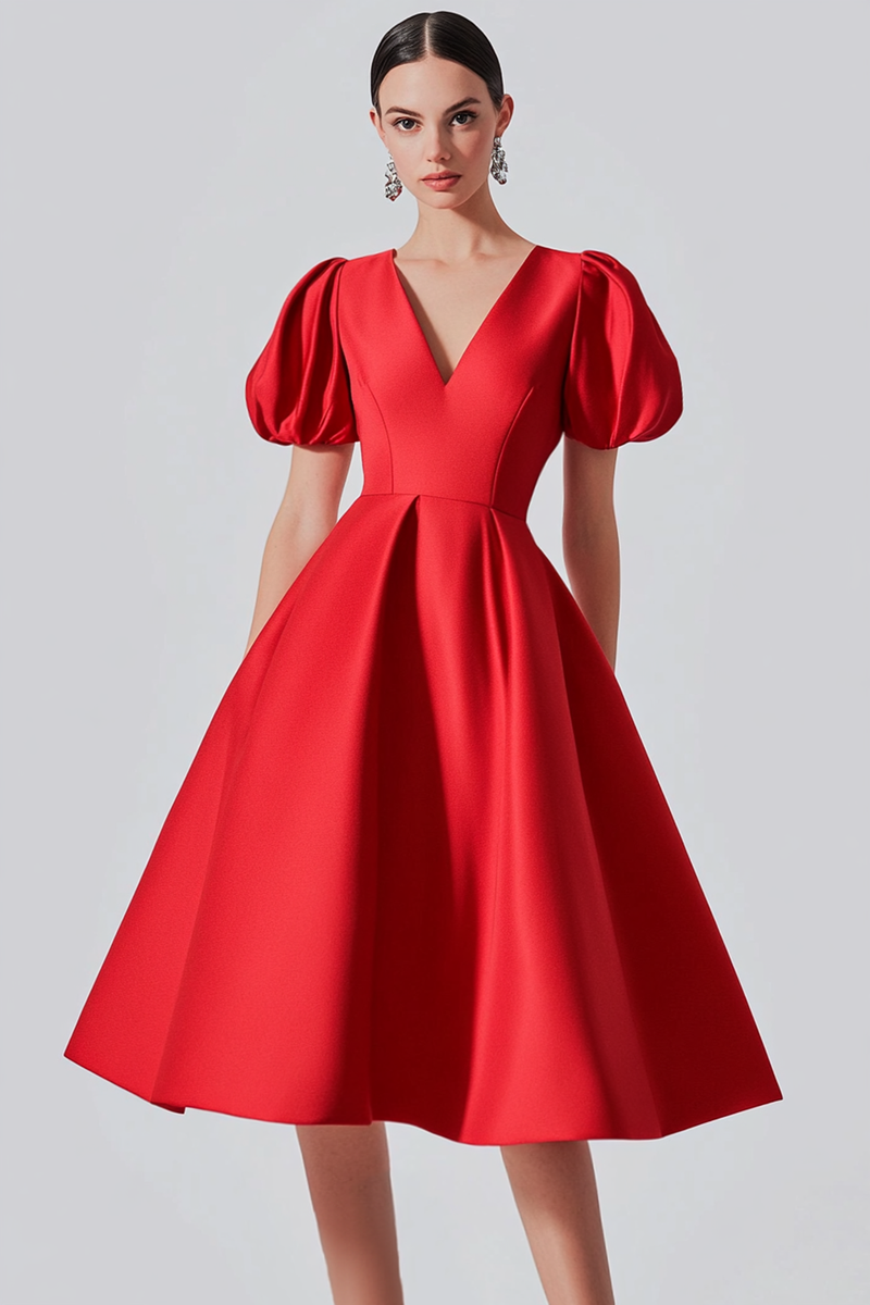Laden Sie das Bild in den Galerie-Viewer, Rote V-Ausschnitt Puffärmel Satin Langes Abendkleid