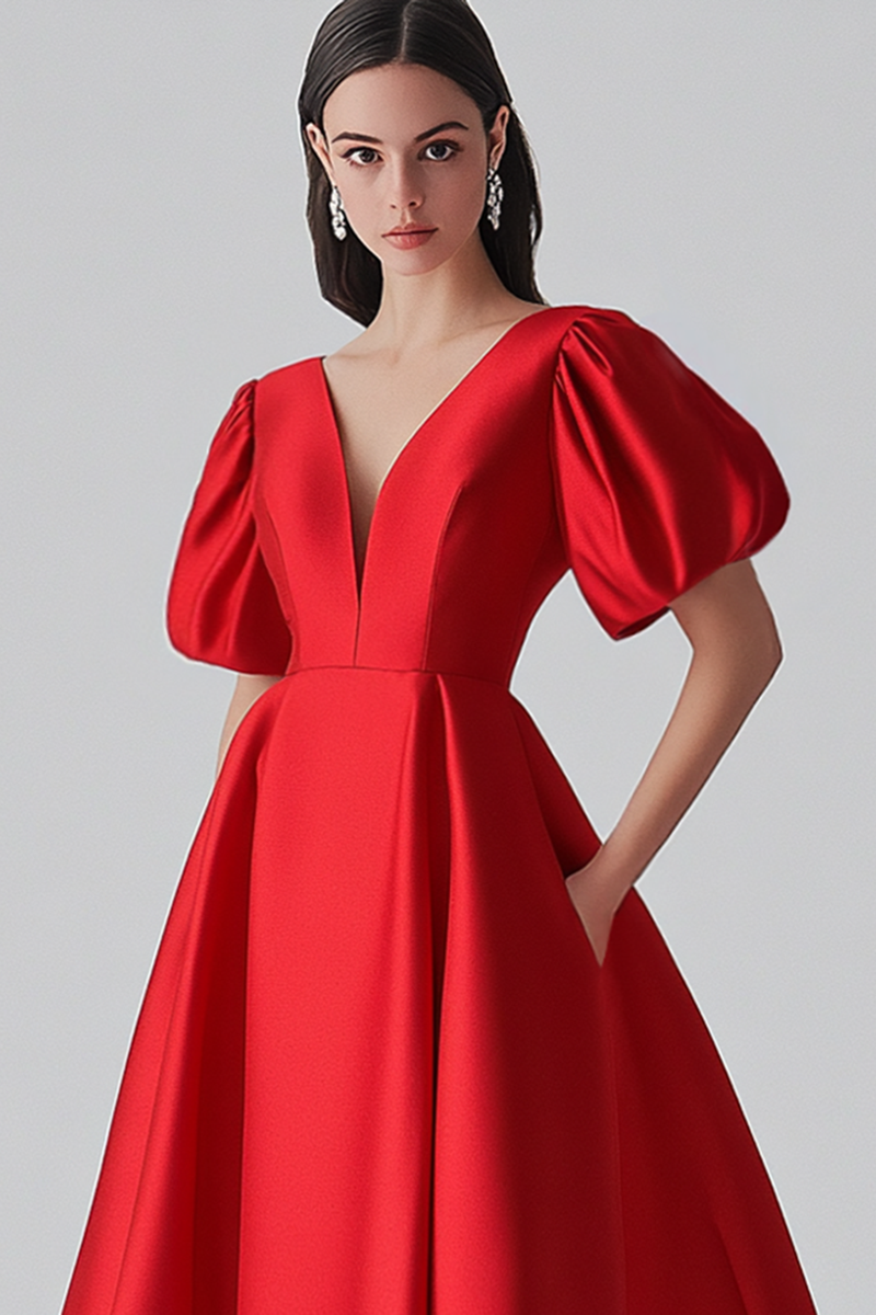 Laden Sie das Bild in den Galerie-Viewer, Rote V-Ausschnitt Puffärmel Satin Langes Abendkleid