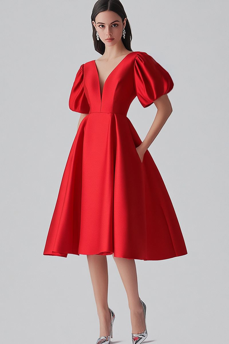 Laden Sie das Bild in den Galerie-Viewer, Rote V-Ausschnitt Puffärmel Satin Langes Abendkleid
