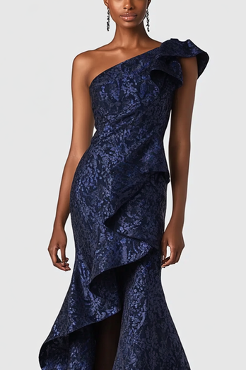 Blumen Marineblau Eine Shoulter Meerjungfrau Langes Abendkleid mit Rüschen