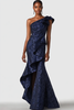 Laden Sie das Bild in den Galerie-Viewer, Blumen Marineblau Eine Shoulter Meerjungfrau Langes Abendkleid mit Rüschen