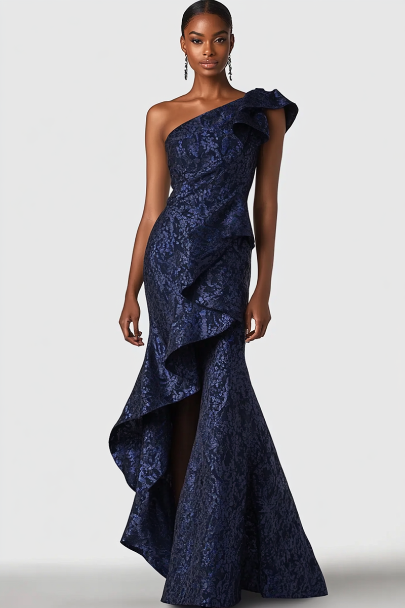 Laden Sie das Bild in den Galerie-Viewer, Blumen Marineblau Eine Shoulter Meerjungfrau Langes Abendkleid mit Rüschen