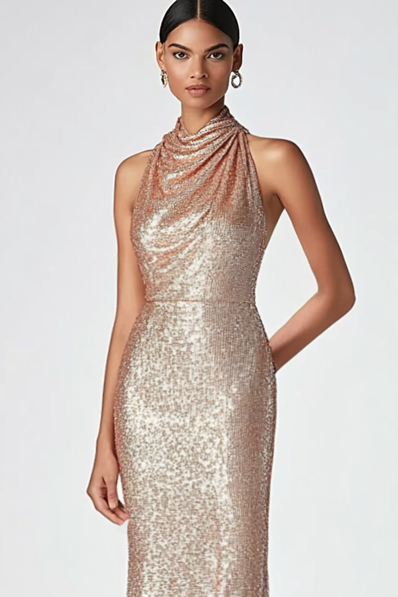Laden Sie das Bild in den Galerie-Viewer, Glitzer Champagner Pailletten EtuiHoher Hals Langes Abendkleid