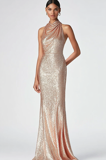 Glitzer Champagner Pailletten EtuiHoher Hals Langes Abendkleid
