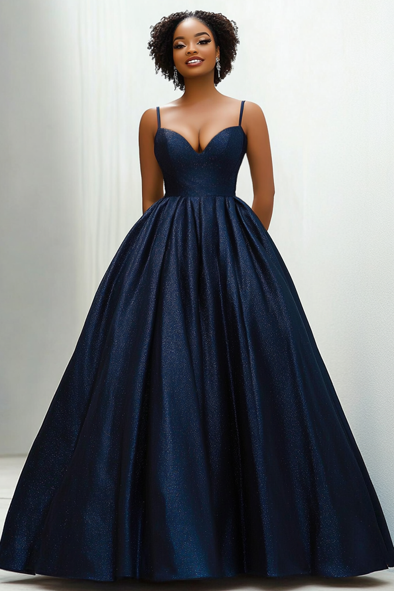Laden Sie das Bild in den Galerie-Viewer, Glitzer Marineblau Herzhals Spaghettiträger Satin Langes Abendkleid