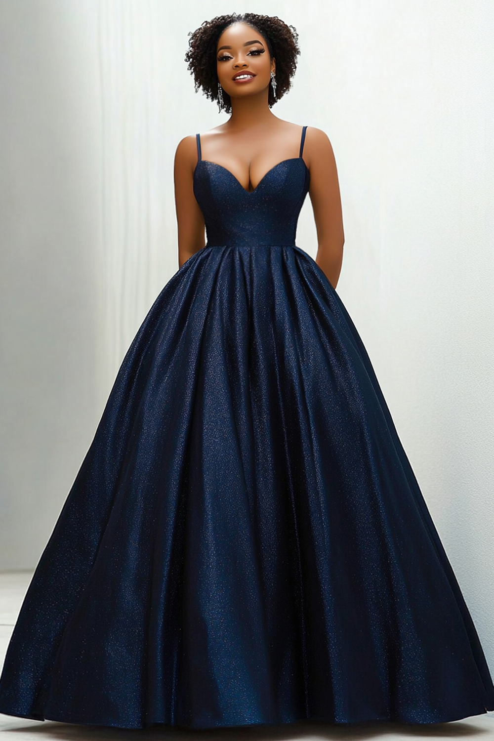 Glitzer Marineblau Herzhals Spaghettiträger Satin Langes Abendkleid