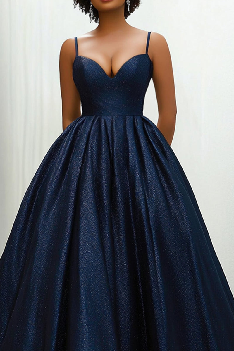 Laden Sie das Bild in den Galerie-Viewer, Glitzer Marineblau Herzhals Spaghettiträger Satin Langes Abendkleid