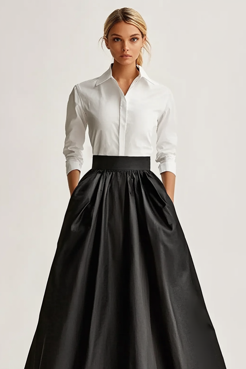Laden Sie das Bild in den Galerie-Viewer, Schickes Schwarz A Linie Satin Langes Abendkleid mit Ärmeln