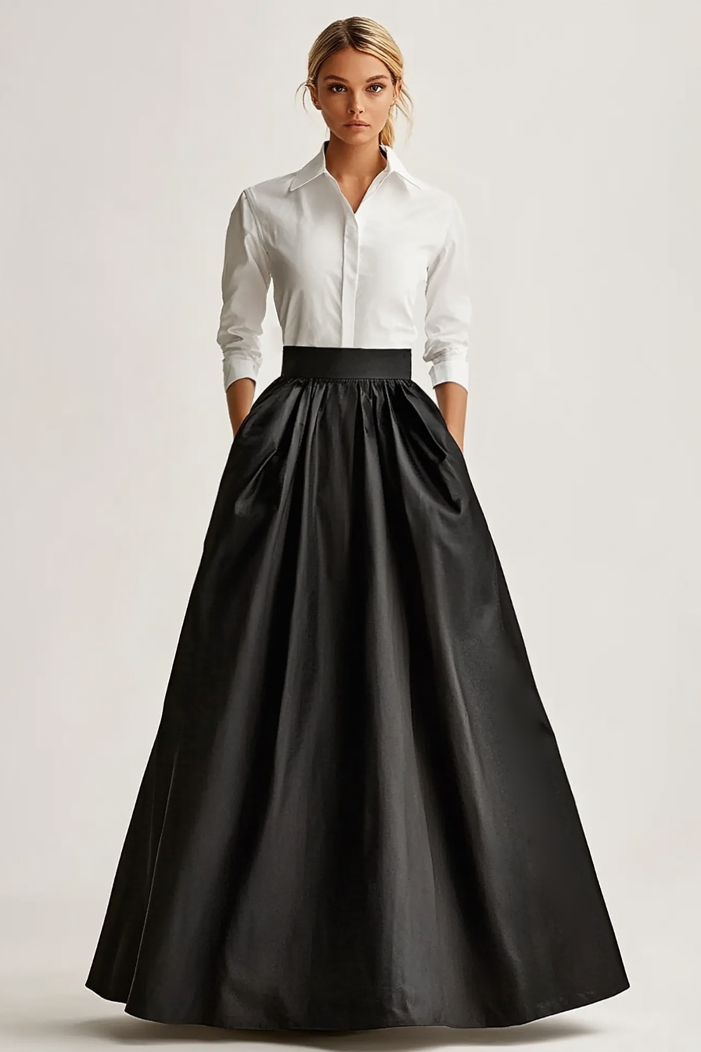 Schickes Schwarz A Linie Satin Langes Abendkleid mit Ärmeln