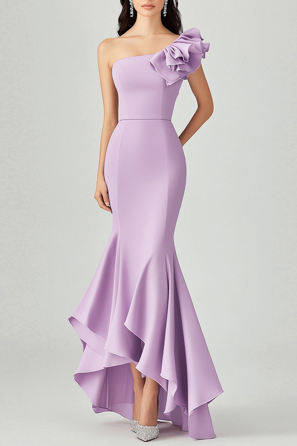 Damen Lilic Satin Abendkleid mit Rüschen Asymmetrisch Eine Schulter Langes Ballkleid