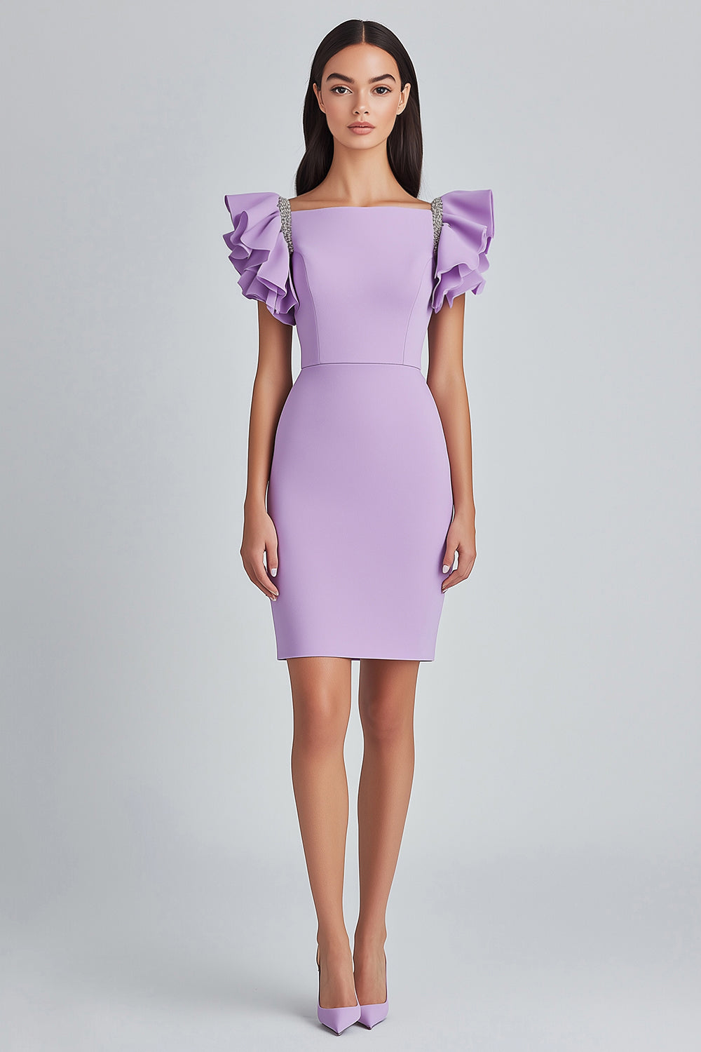 Lila Bodycon Quadratischen Satin Kappenärmeln Kurz Abendkleid