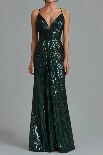 Dunkelgrün Glitzer Spaghettiträger Etui Langes Abendkleid