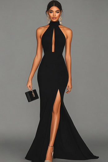 Damen Schwarz Meerjungfrau Abendkleid mit Schlitz Hoher Ausschnitt Satin Langes Ballkleid