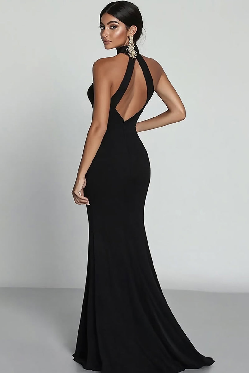 Laden Sie das Bild in den Galerie-Viewer, Schwarz Meerjungfrau Satin Neckholder Langes Abendkleid mit Schlitz