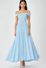 Laden Sie das Bild in den Galerie-Viewer, Himmelblau Schulterfrei A Linie Chiffon Langes Abendkleid