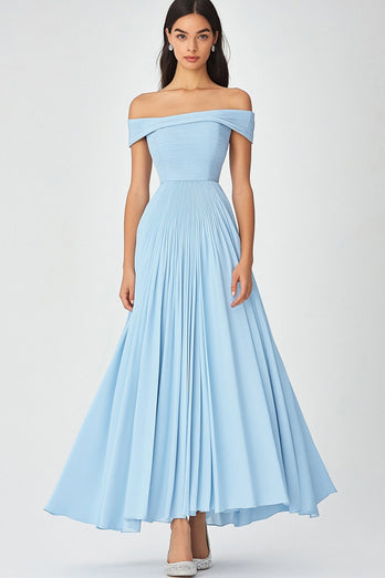 Himmelblau Schulterfrei A Linie Chiffon Langes Abendkleid