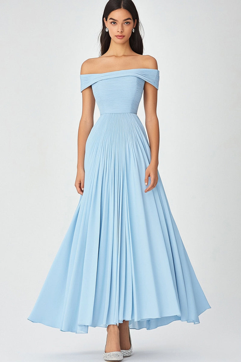 Laden Sie das Bild in den Galerie-Viewer, Himmelblau Schulterfrei A Linie Chiffon Langes Abendkleid