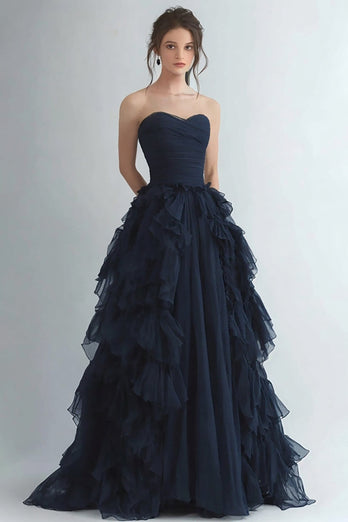 Marineblau Tüll Herzaus Gestuftes Langes Abendkleid