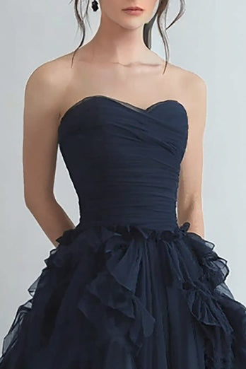 Marineblau Tüll Herzaus Gestuftes Langes Abendkleid