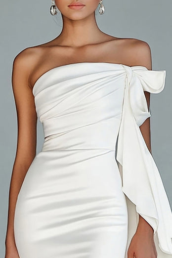 Weiß Trägerloses Meerjungfrau Satin Langes Abendkleid mit Schlitz