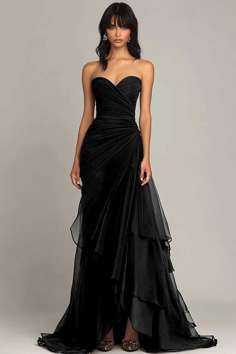 Laden Sie das Bild in den Galerie-Viewer, Dunkelbraun Chiffon Herzhals Gestaffelt Langes Abendkleid
