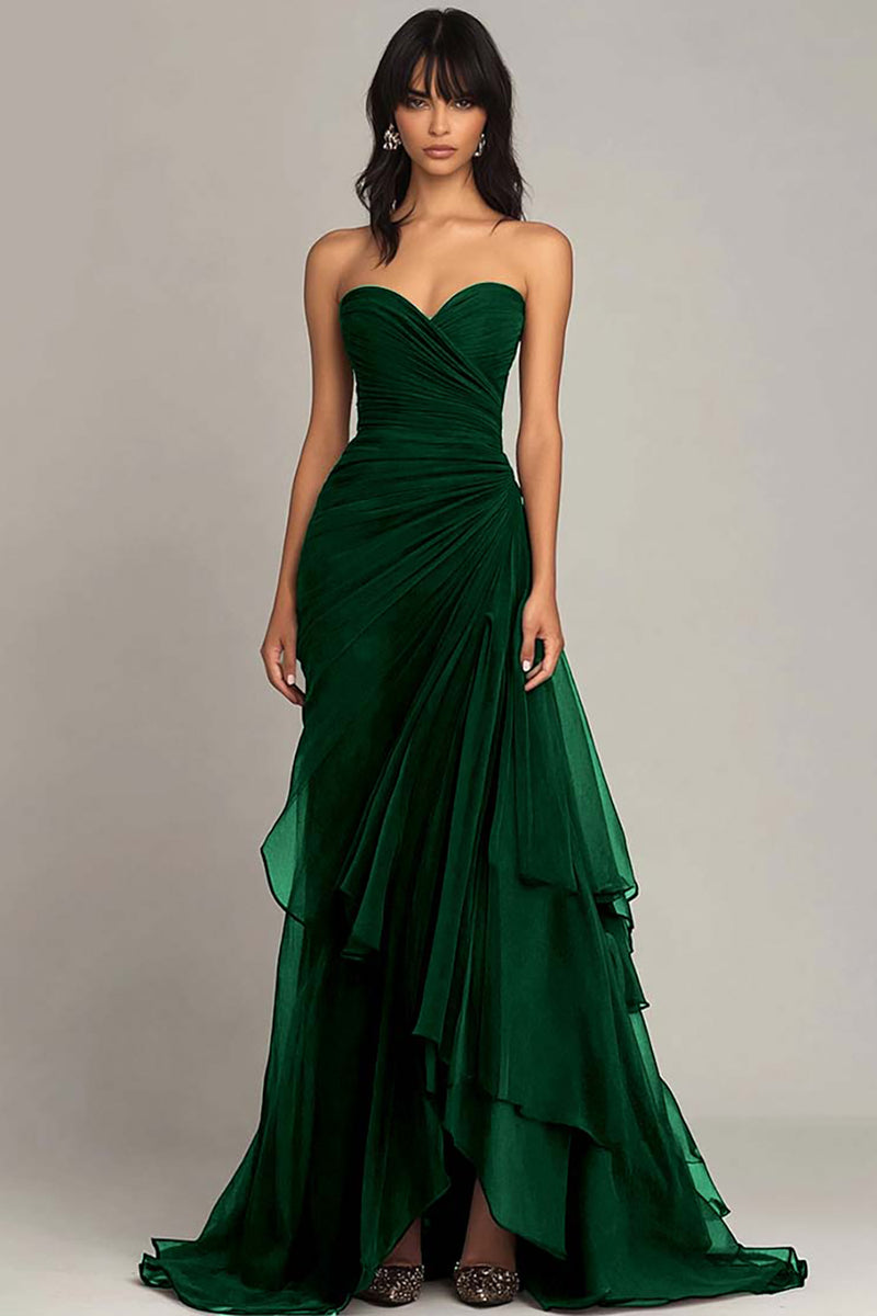 Laden Sie das Bild in den Galerie-Viewer, Dunkelbraun Chiffon Herzhals Gestaffelt Langes Abendkleid
