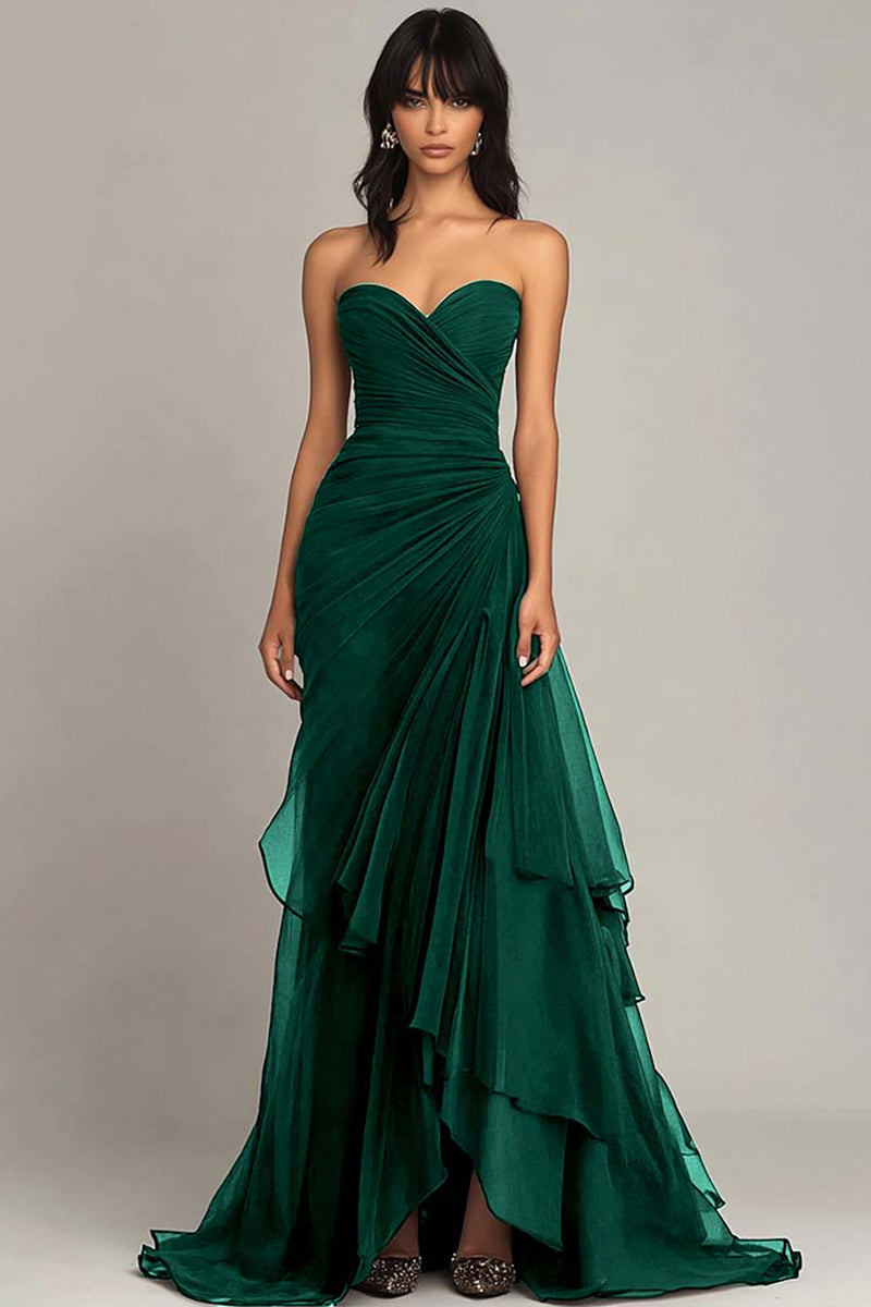 Laden Sie das Bild in den Galerie-Viewer, Dunkelbraun Chiffon Herzhals Gestaffelt Langes Abendkleid