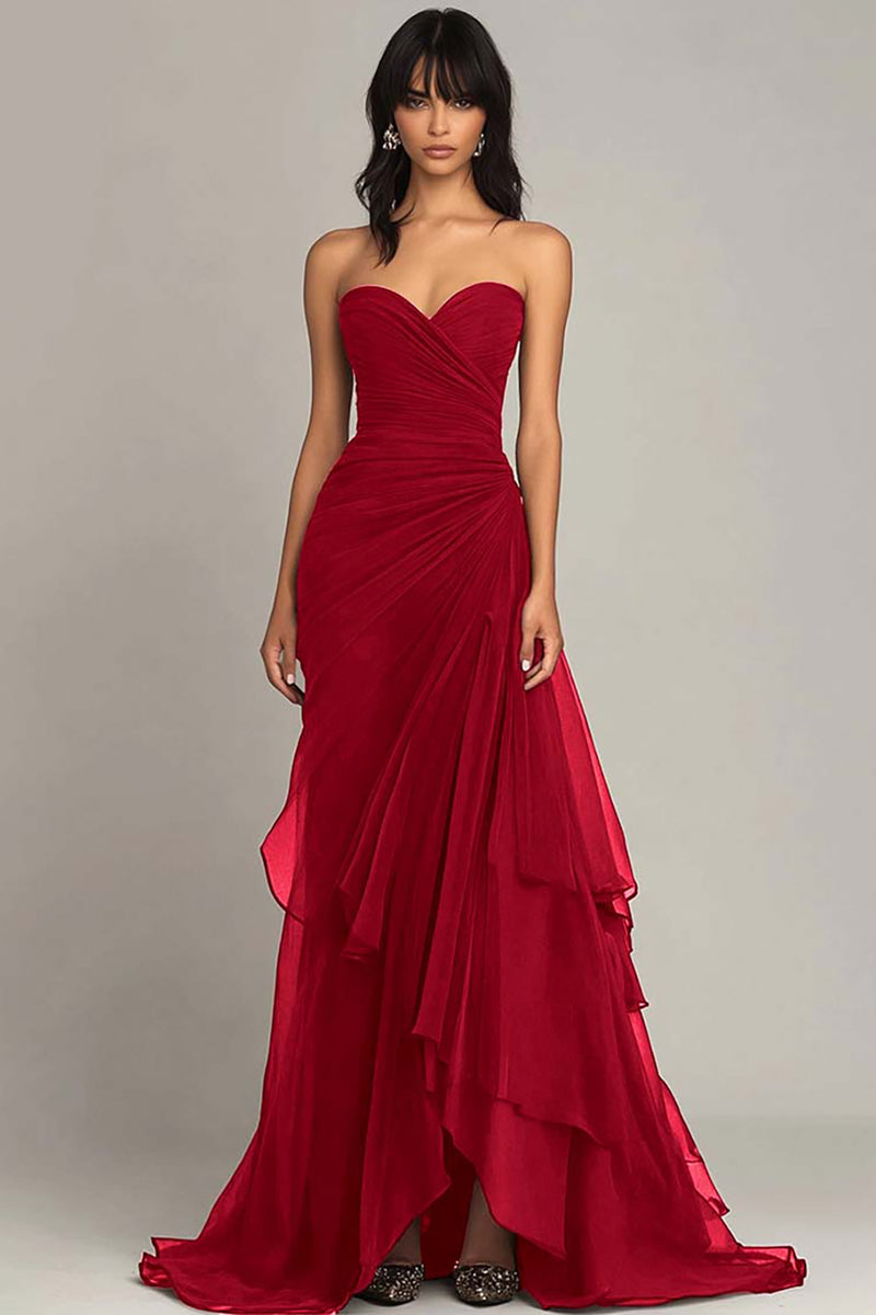 Laden Sie das Bild in den Galerie-Viewer, Dunkelbraun Chiffon Herzhals Gestaffelt Langes Abendkleid