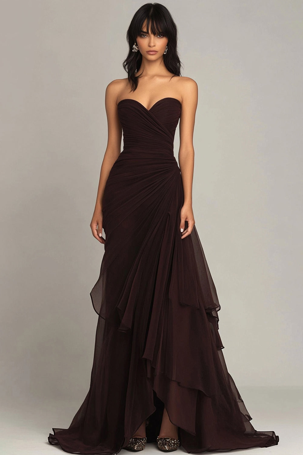 Dunkelbraun Chiffon Herzhals Gestaffelt Langes Abendkleid