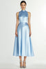 Laden Sie das Bild in den Galerie-Viewer, Blau Hochhals Satin A Linie Langes Abendkleid