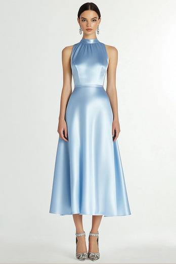 Blau Hochhals Satin A Linie Langes Abendkleid