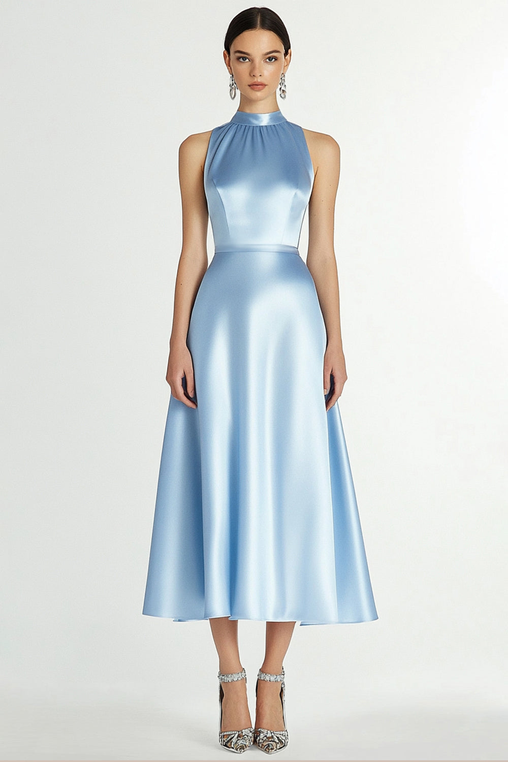 Blau Hochhals Satin A Linie Langes Abendkleid