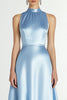 Laden Sie das Bild in den Galerie-Viewer, Blau Hochhals Satin A Linie Langes Abendkleid