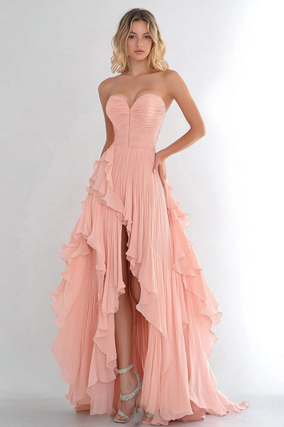 Rosa Herzaus Gestaffelt Chiffon Asymmetrisch Langes Abendkleid