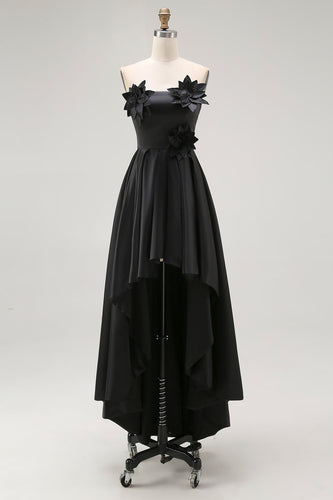 Schwarz Satin Trägerlos Asymmetrisch Abendkleid mit 3D Blumen