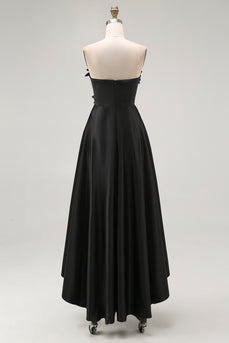 Schwarz Satin Trägerlos Asymmetrisch Abendkleid mit 3D Blumen