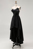 Laden Sie das Bild in den Galerie-Viewer, Schwarz Satin Trägerlos Asymmetrisch Abendkleid mit 3D Blumen