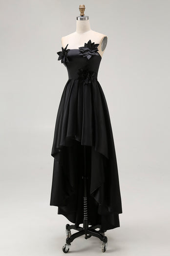Schwarz Satin Trägerlos Asymmetrisch Abendkleid mit 3D Blumen