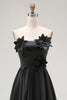 Laden Sie das Bild in den Galerie-Viewer, Schwarz Satin Trägerlos Asymmetrisch Abendkleid mit 3D Blumen
