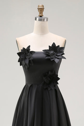 Schwarz Satin Trägerlos Asymmetrisch Abendkleid mit 3D Blumen