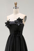 Laden Sie das Bild in den Galerie-Viewer, Schwarz Satin Trägerlos Asymmetrisch Abendkleid mit 3D Blumen