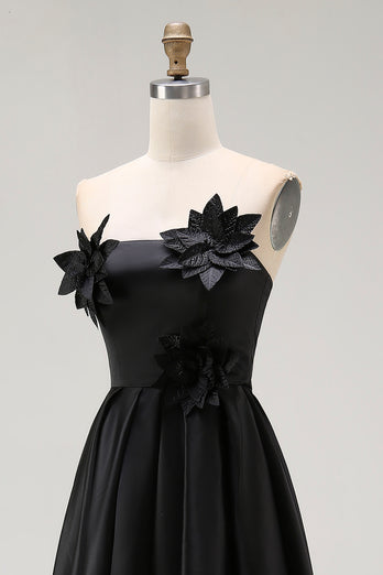 Schwarz Satin Trägerlos Asymmetrisch Abendkleid mit 3D Blumen