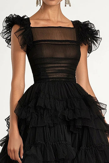 Schwarz Tüll A Linie Gestuftes Vierkanthals Langes Abendkleid
