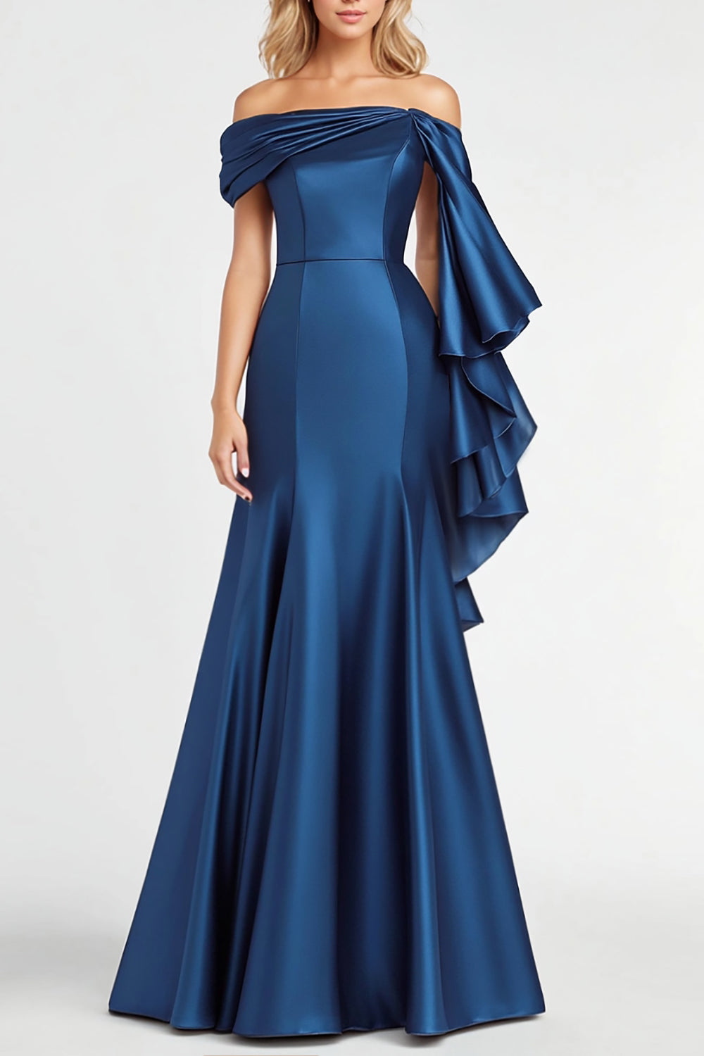 Dunkelblau Schulterfreie Meerjungfrau Satin Langes Abendkleid